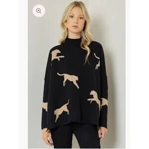 Entro Oversized Cheetah Sweater Black Mock Neck Novelty Animals Women Small